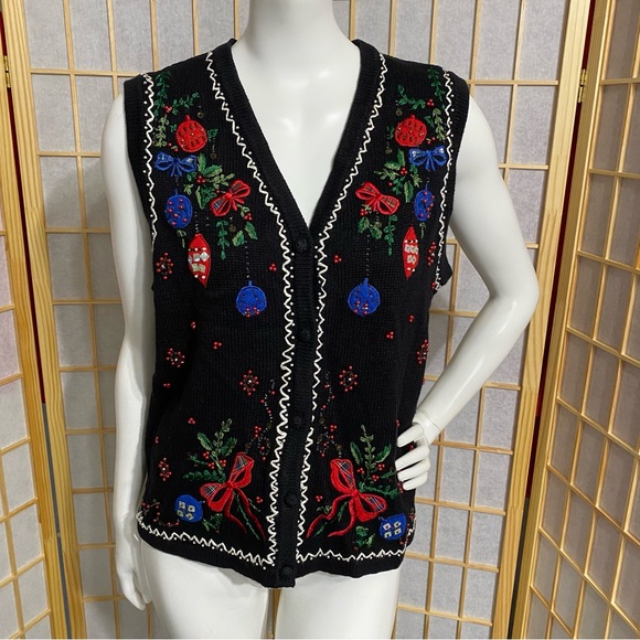 ERIKA Black Embroidered Sequins Ugly Christmas Holiday Vest Sweater Size Large - Picture 4 of 16